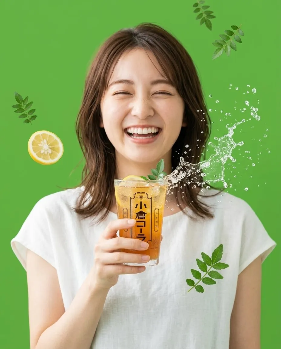 小倉コーラのグラスを手に笑う人